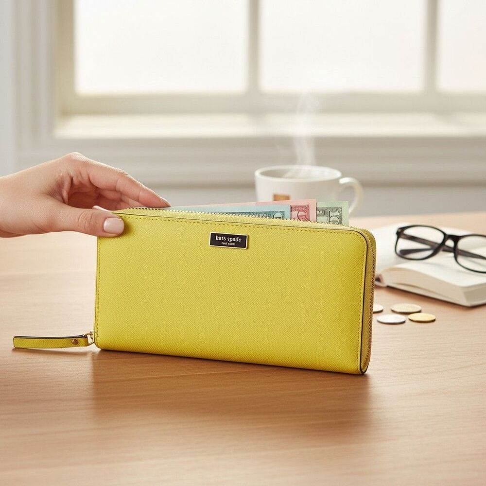 Kate Spade New York Wallet L Womens Yellow Leather Zip-Around Credit Card